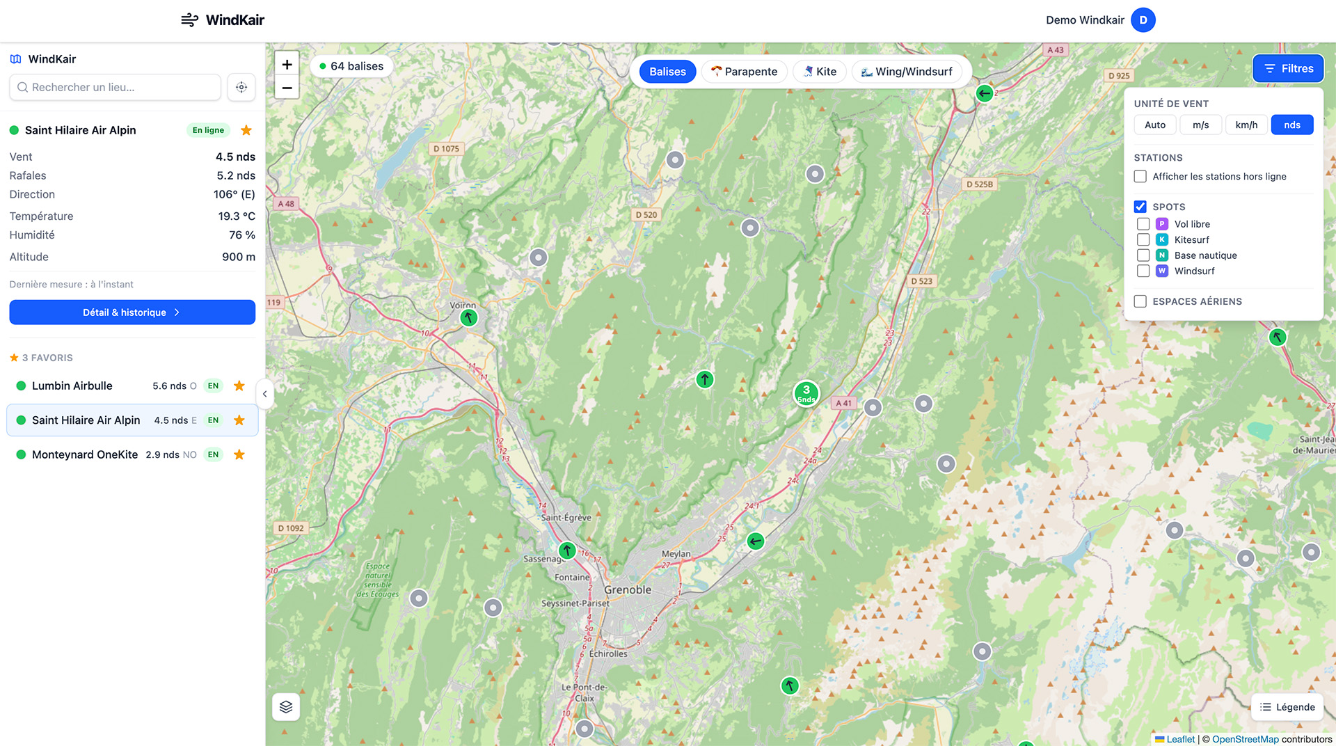 Carte interactive Windkair : les balises météo actives sur la France et les pays voisins, avec leurs relevés de vent en temps réel